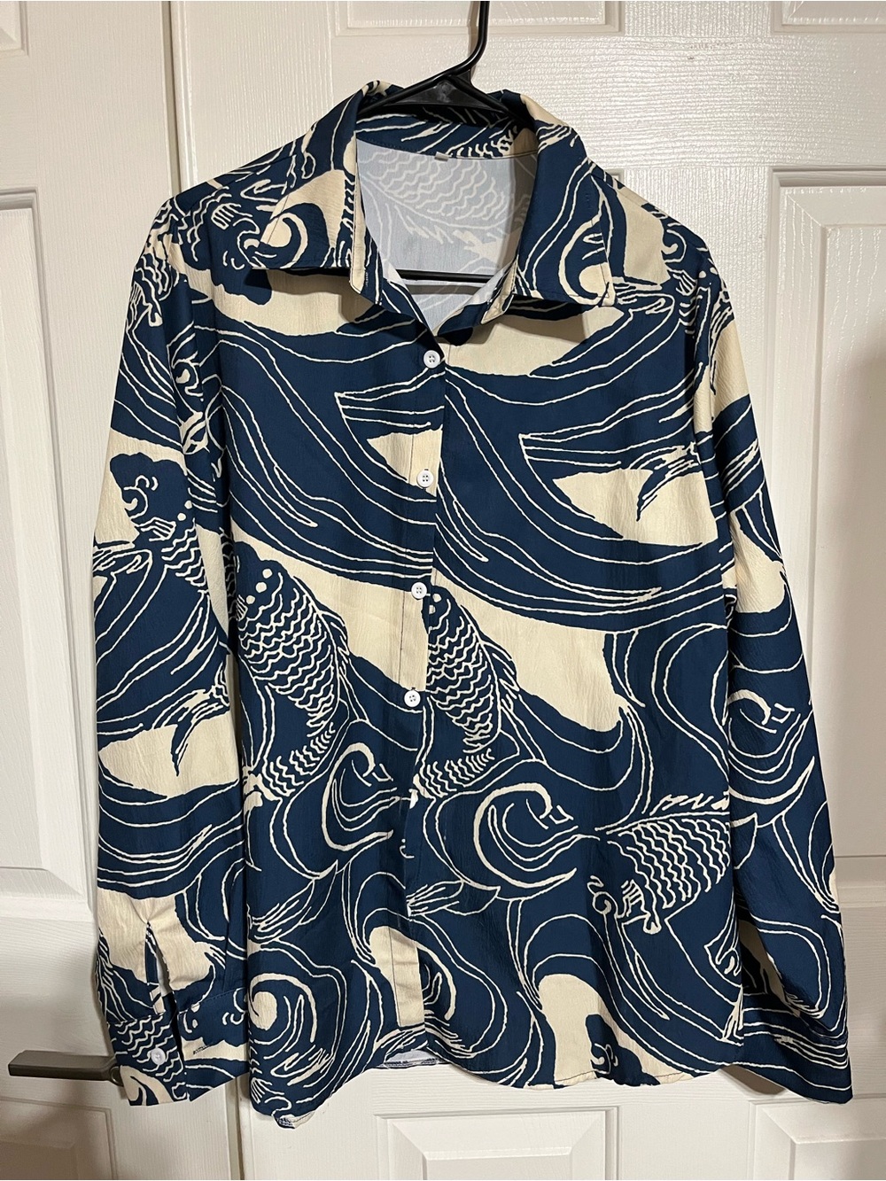 Navy and Cream Wave Print Button-Up
17-07